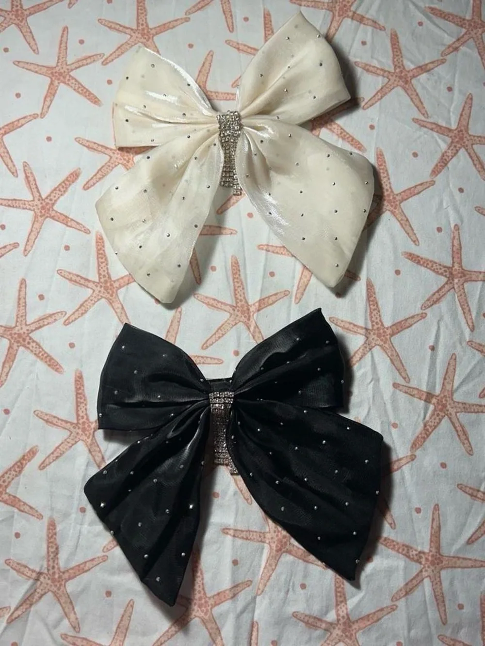 Sparkle Bow Hair Clips with Rhinestone Tassels — Black & White Rhinestone Accent